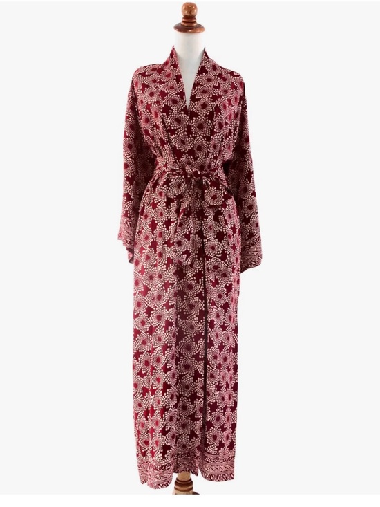 Novica Other - Long Burgundy Floral Wrap Robe with Tie Waist